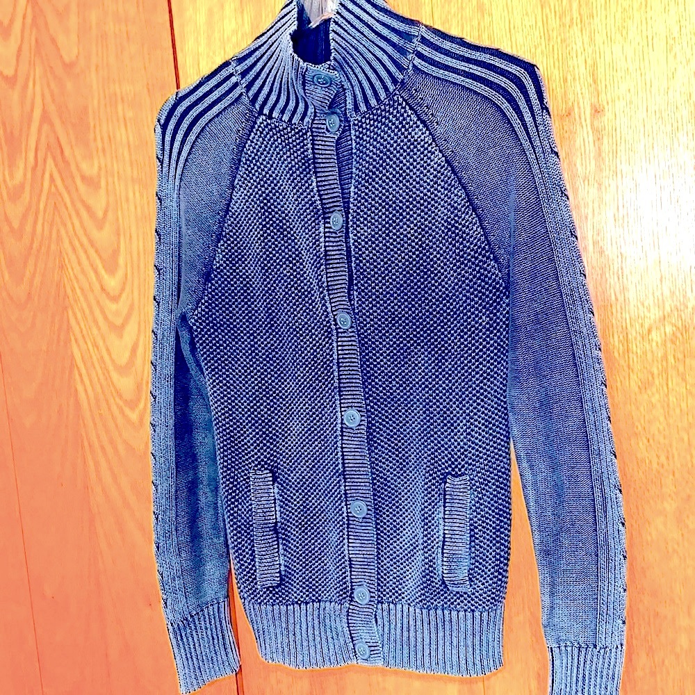 Ruff Hewn MEDIUM blue fisherman knit cardigan 2 pockets cozy cotton sweater EUC